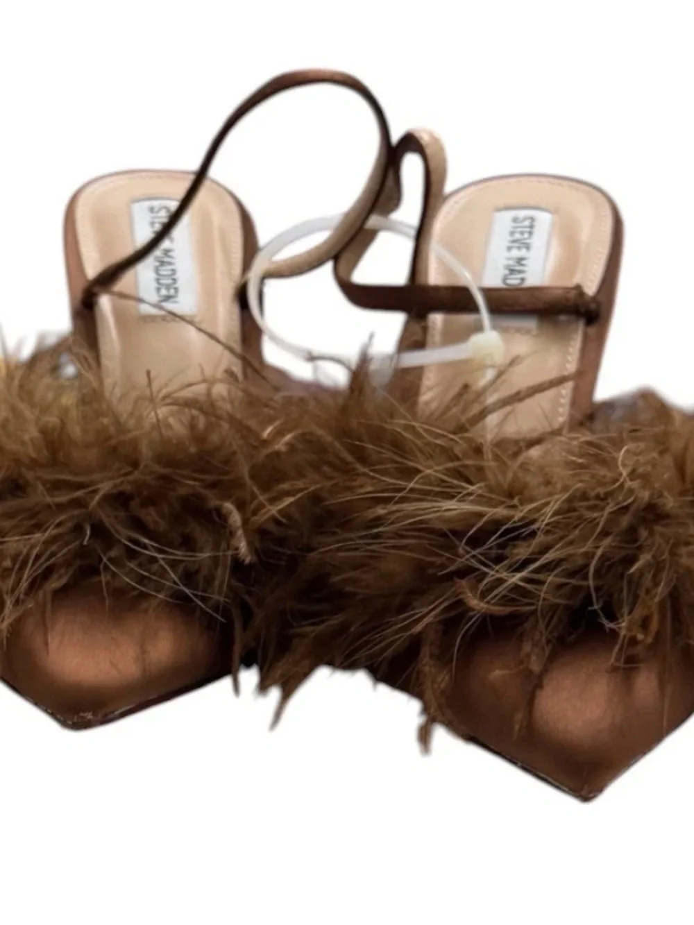 Steve Madden cocktail Satin Pumps and Feather Toe SlingBack Brown Heels Size 9